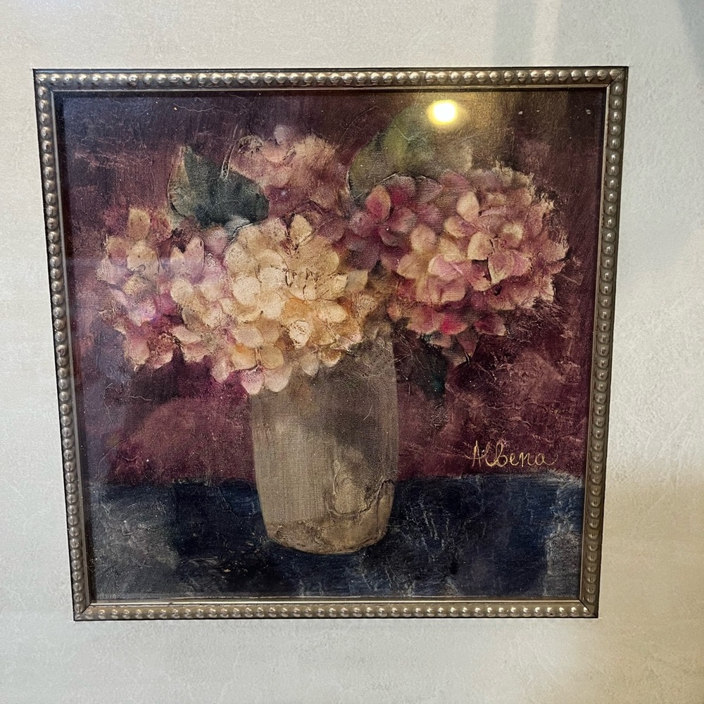 Framed print art in glass- Hydrangea study - 13.5” x 13.5”. NWT.